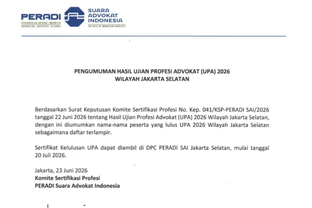 info pengumuman kelulusan ujian profesi advokat peradi sai jakarta selatan gelombang 1