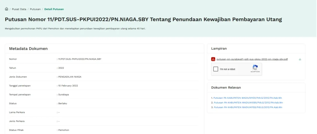 contoh dokumen hukum putusan pengadilan tentang Penundaan Kewajiban Pembayaran Utang